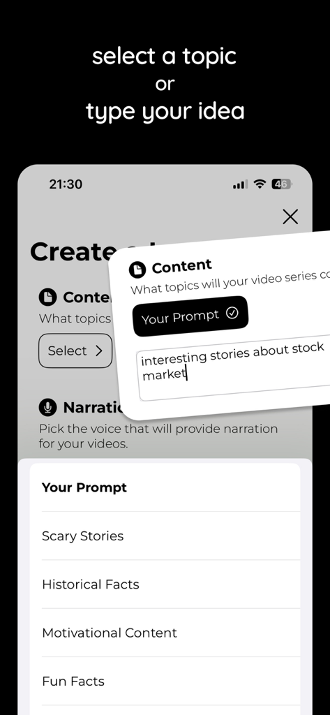 Una captura de pantalla que muestra la selección de temas y la pantalla de entrada de indicaciones personalizadas en la aplicación Magic Shorts
