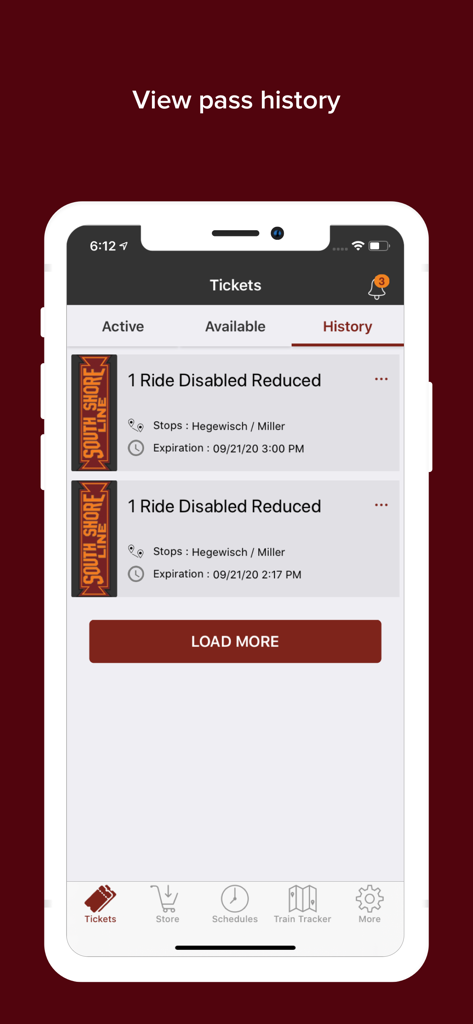 South Shore - South Shore Line app interface showing a list of past train tickets in the user history section