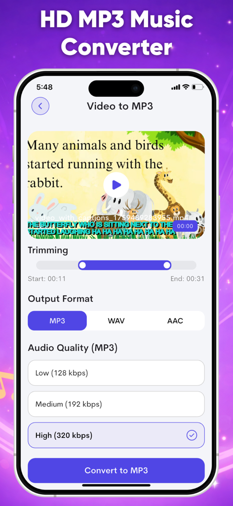 Video to MP3 Converter 2026 - Interface de l'application mobile montrant les options de conversion vidéo en MP3 avec des paramètres de découpage et de qualité audio.
