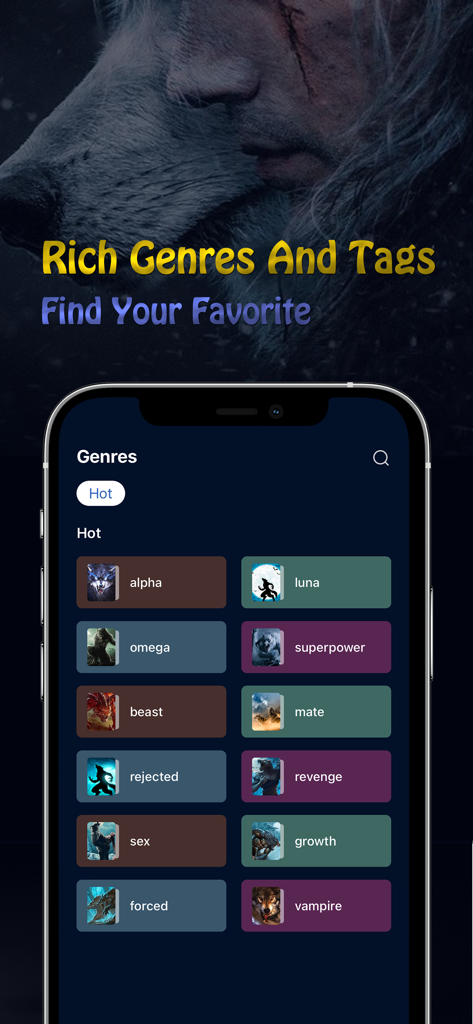 NovelWolf - Schermata dei generi dell'app mobile NovelWolf che visualizza generi e tag di libri come alpha luna e compagno rifiutato.