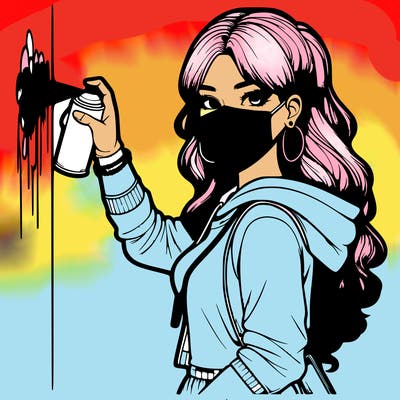 realistic girl with mask spray painting a wall