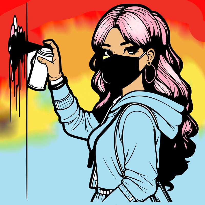 realistic girl with mask spray painting a wall