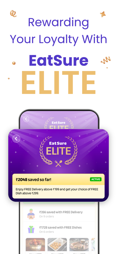 EatSure Food Delivery - Schermata del programma fedeltà EatSure Elite che mostra il riepilogo dei risparmi e i vantaggi come consegna gratuita e piatti gratuiti