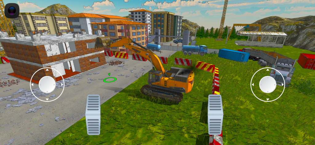 Gameplay screenshot of Excavator Simulator REMAKE showing a yellow heavy machinery excavator on a construction site with virtual joysticks and pedals.