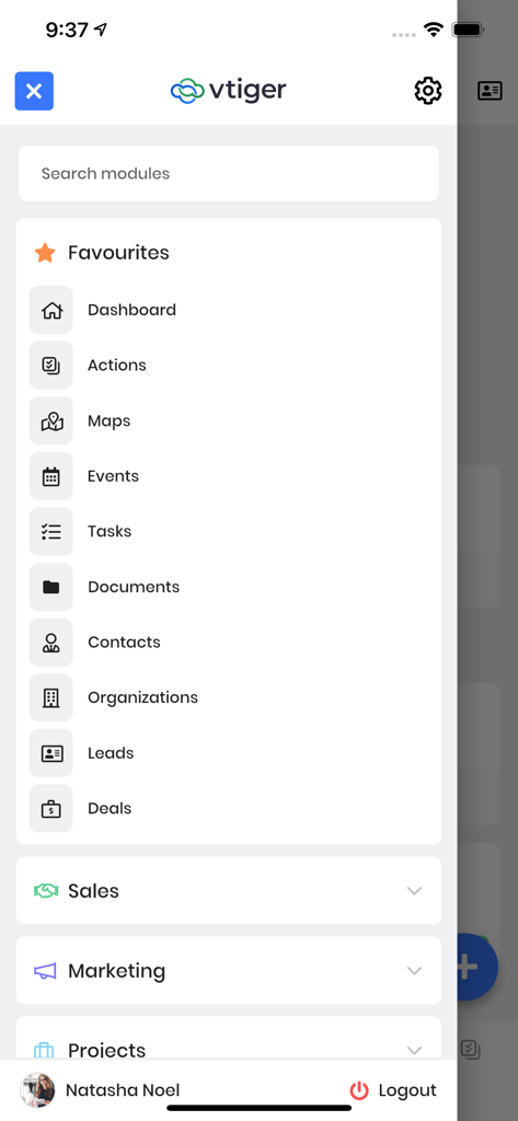 Menú de navegación lateral de la aplicación Vtiger CRM Móvil que muestra módulos para Panel, Contactos, Clientes Potenciales y Ofertas.