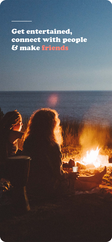 Katch - Events for Everyone - Two people sitting by a beach bonfire at night with text about connecting and making friends