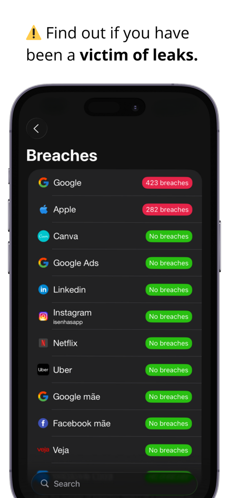 iSenhas - Password Manager - Interfaz de la aplicación iSenhas que muestra alertas de seguridad y estado de brecha de datos para múltiples cuentas en línea