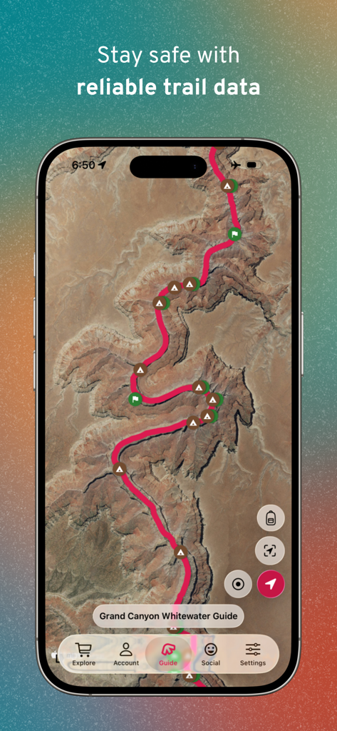 FarOut: Offline GPS Trail Maps - Satellite map of the Grand Canyon Whitewater Guide in the FarOut trail navigation app.