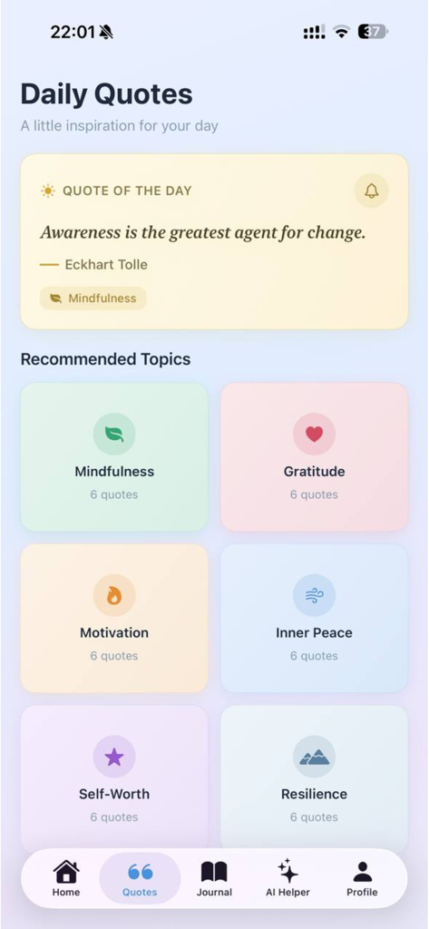 Mindora AI Assistant - Mindora app Daily Quotes interface showing an inspirational quote and mental wellness categories like mindfulness and gratitude