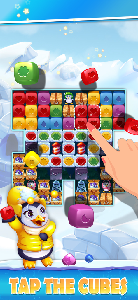 Una mano tocando un grupo de cubos con forma de corazón rojo en el juego de puzzles de rescate ártico de Penguin Pals