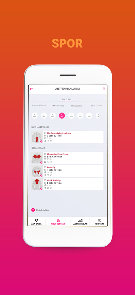 GYMFIT - GymFit mobile application interface showing a daily workout routine with exercise details