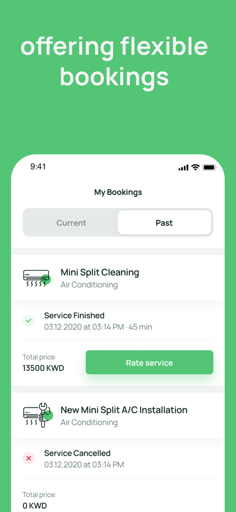سيرف مي SrvMe - SrvMe app screen displaying past home maintenance service bookings and statuses