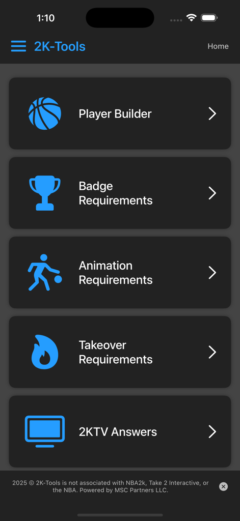 2K-Tools app home screen showing navigation for player builder and requirements