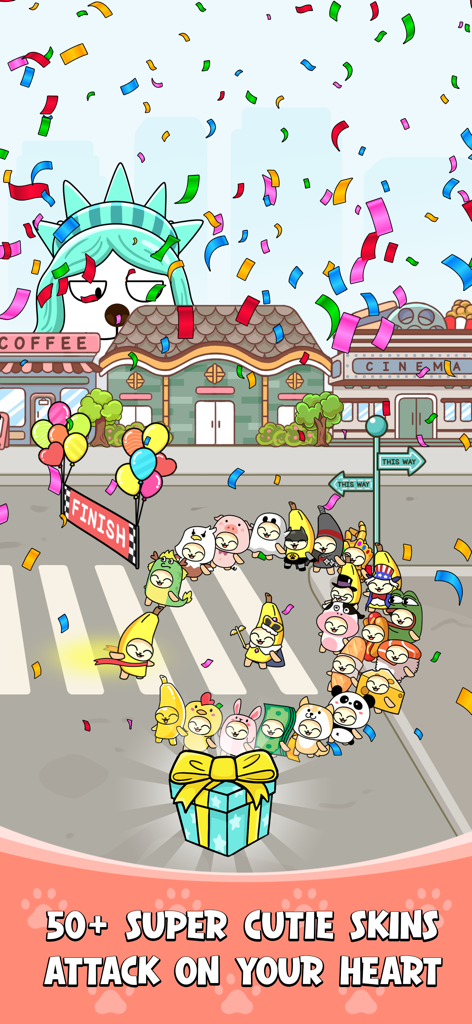 Banana Cat Run: World Travel - Banana cat characters with various cute skins crossing a finish line with confetti