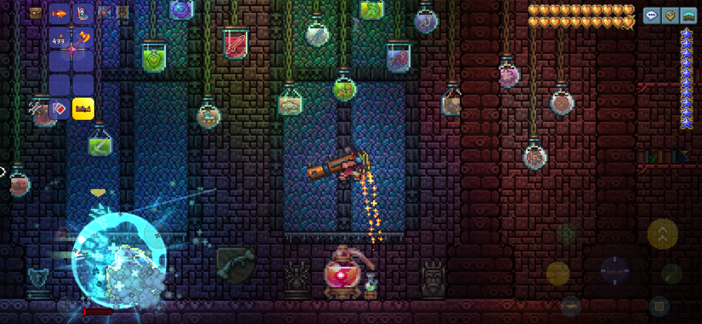 Un personaje usando un jetpack en una sala de mazmorra de ladrillos con frascos coleccionables colgando en Terraria.