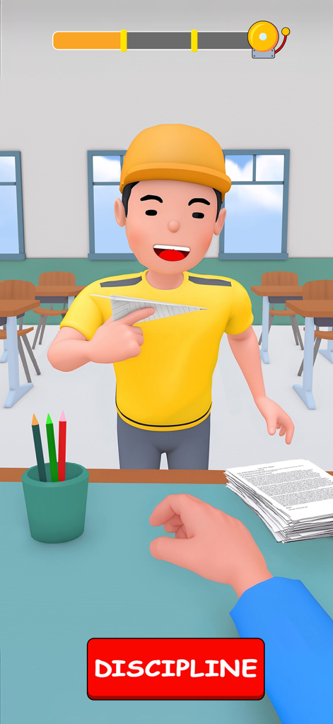 Pass or Fail - School Games - Teacher perspective in a school simulation game with a student throwing a paper airplane and a red discipline button