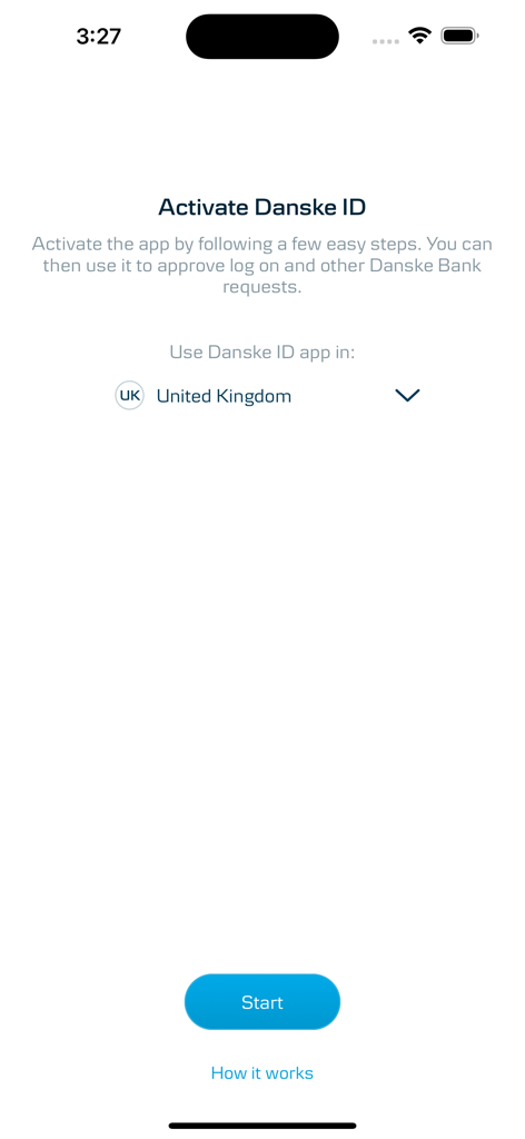 Danske ID - Danske Bank - Danske ID app activation screen showing the welcome message and start button