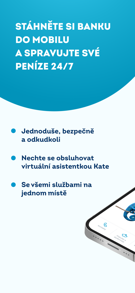 ČSOB Smart - ČSOB Smartモバイルバンキングアプリの紹介画面。安全なアクセスや仮想アシスタントKateなどの主要機能が表示されています。