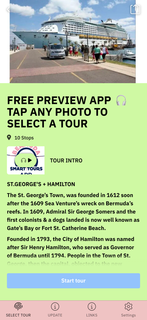 BERMUDA SMART TOURS - Interfaz de la aplicación Bermuda Smart Tours mostrando una vista previa del recorrido a pie por St Georges y Hamilton
