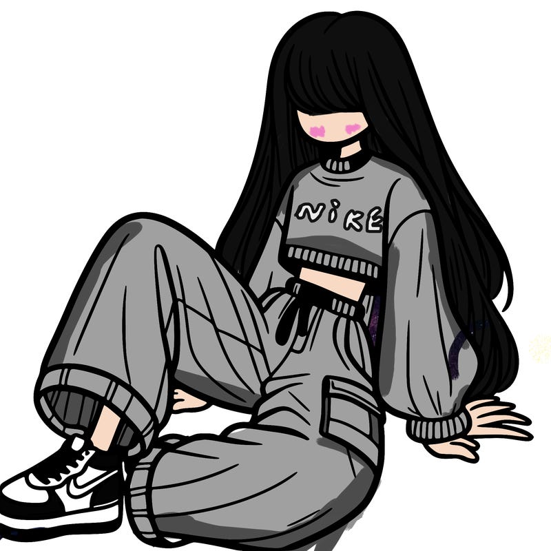 a girl with baggy pants and a crop top with long hair