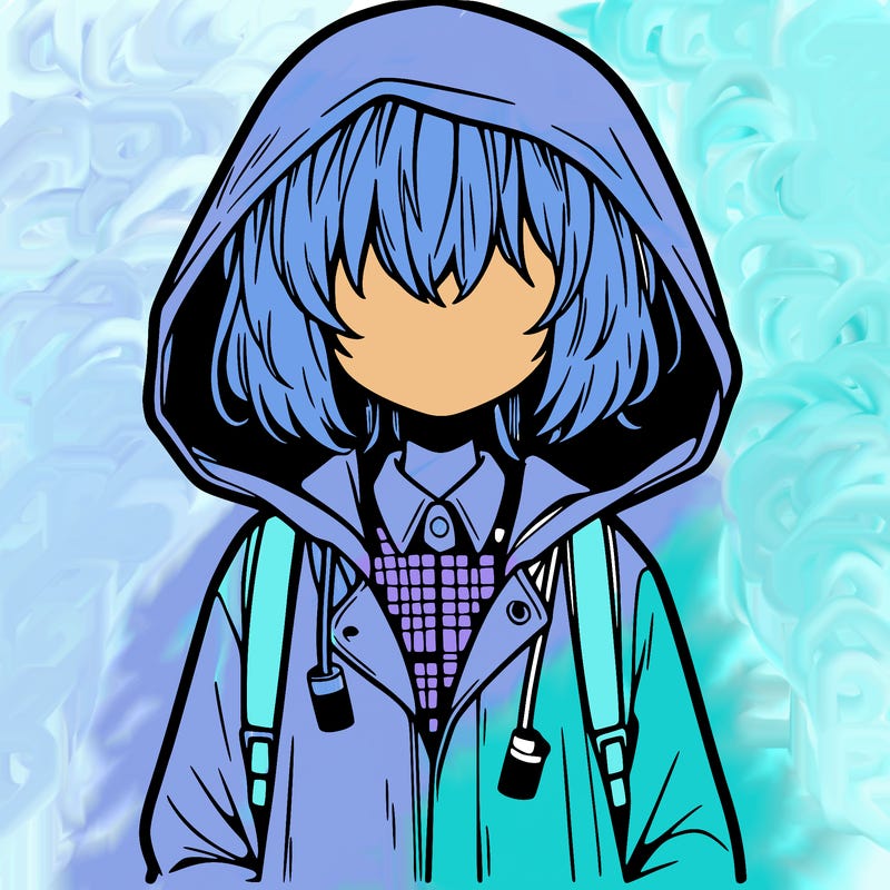 little anime girl in a raincoat her hair is covering her eyes she has a lighter
