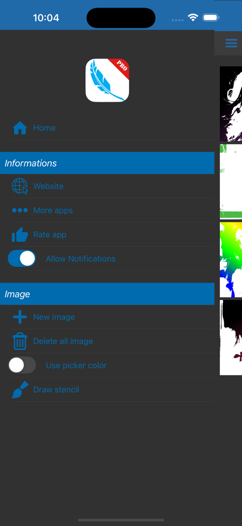 Main menu of the Fx Stencil Pro app featuring image tools and settings