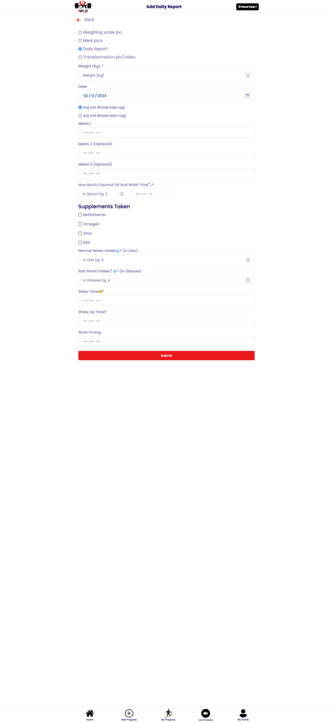 Indian Weight Loss Diet - Bildschirm für tägliche Gesundheitsberichte zur Verfolgung von Gewicht, Mahlzeiten und Nahrungsergänzungsmitteln