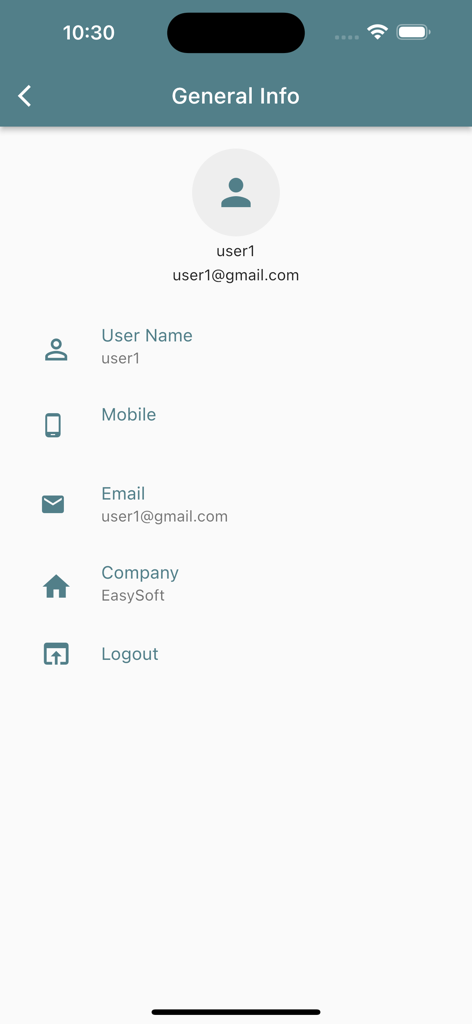 Time Attendance By EasySoft - User profile and general information screen within the Time Attendance By EasySoft mobile application