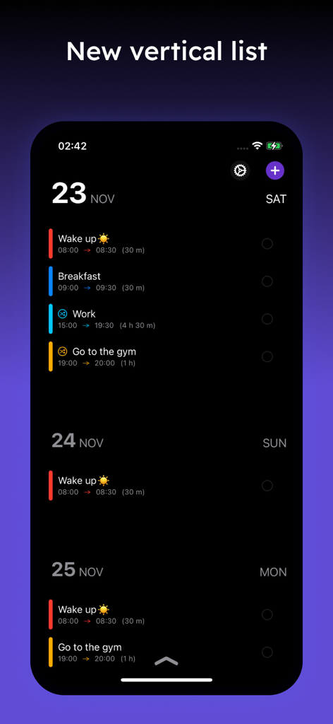 Interfaz de la aplicación Daily Planner con una lista vertical de tareas y rutinas programadas en modo oscuro