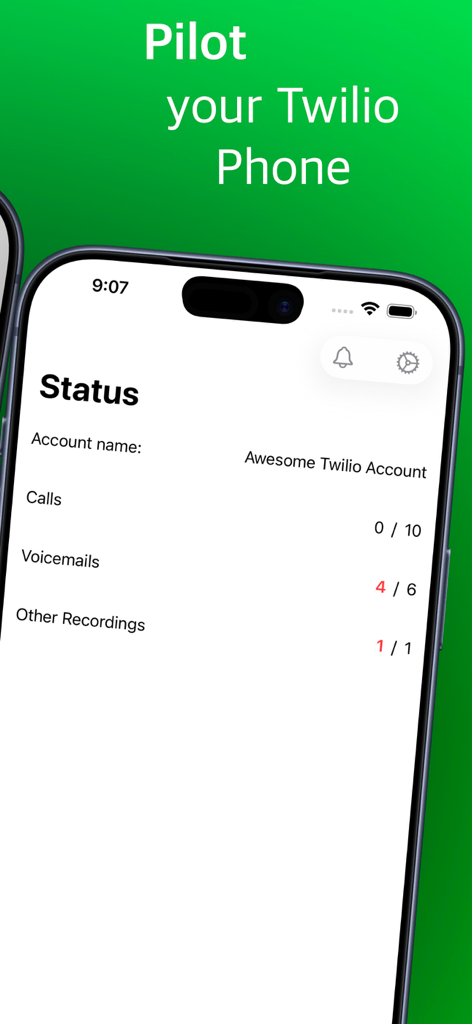 TwiPhone Pilot - TwiPhone Pilot app status dashboard displaying call counts and voicemail summaries for a Twilio account on an iPhone.