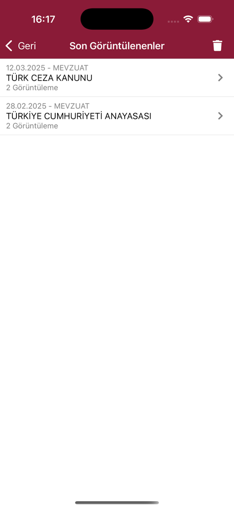UYAP 규정 앱의 최근 본 터키 법률 문서 목록