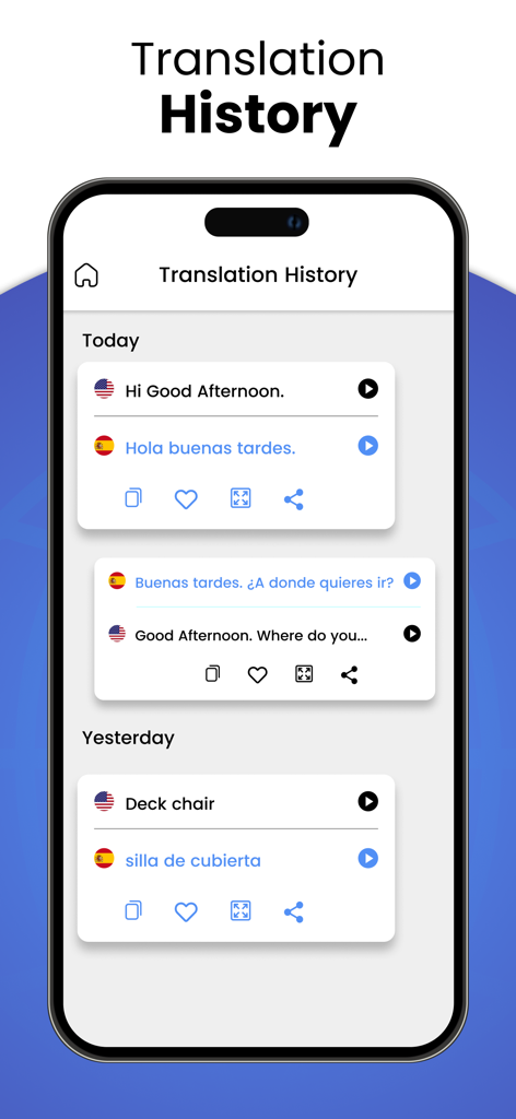 Translate Voice Translator App - App-Oberfläche, die eine Liste von Sprachübersetzungsverlaufseinträgen in Englisch und Spanisch anzeigt