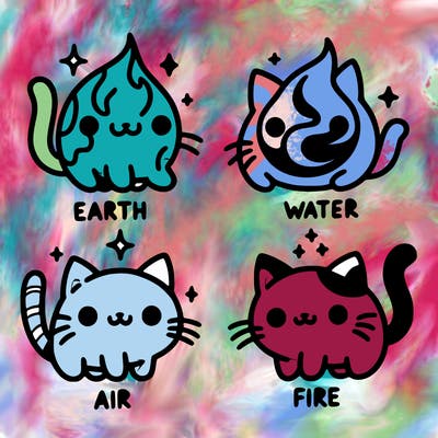 4 cats that represent the different elements, earth, water, air, and fire
