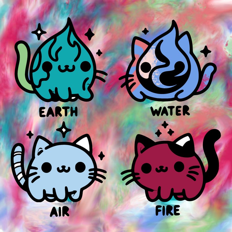 4 cats that represent the different elements, earth, water, air, and fire