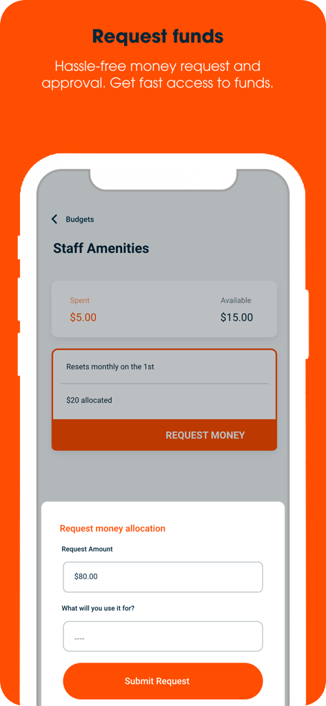 Budgetly app interface for requesting business funds and submitting a money allocation request