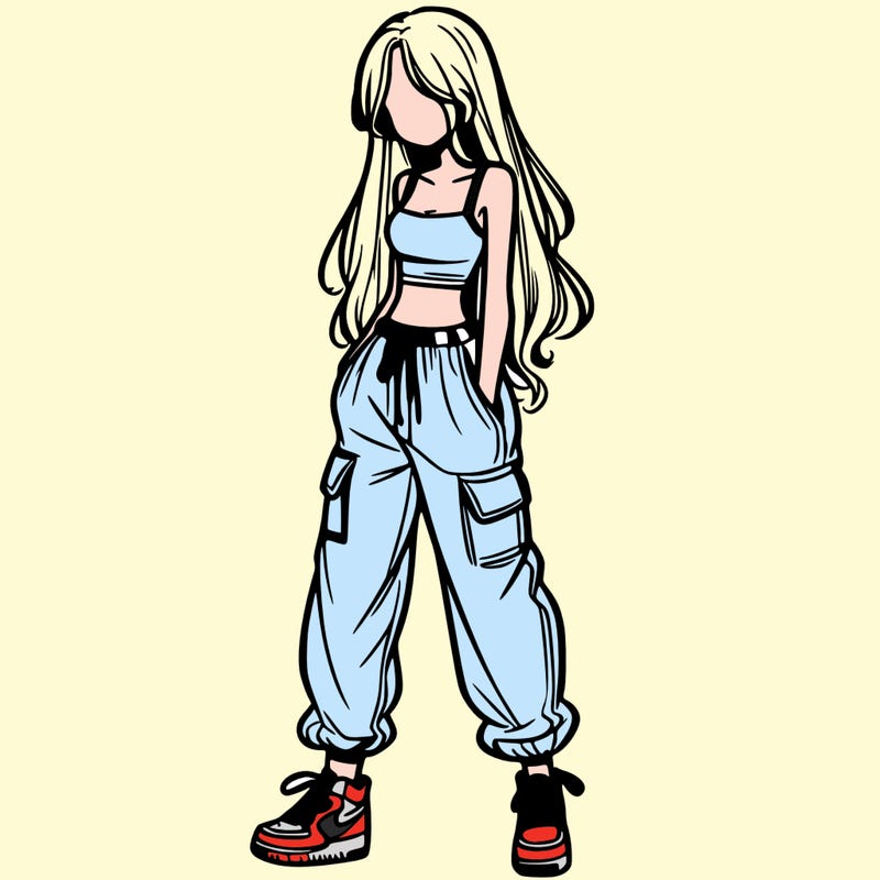 girl in baggy pants crop top and long hair