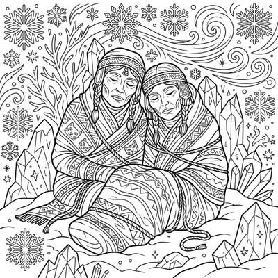 Step into a world where ancient history meets frosty beauty with our Inca Mummies in a Winter Wonderland coloring page. This unique design features intricately wrapped figures surrounded by shimmering ice and delicate snowflakes, offering a captivating artistic journey.