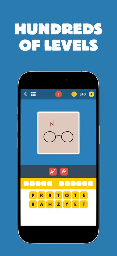 Um nível de trivia minimalista de filmes no jogo Adivinhe o Filme apresentando óculos icônicos e uma cicatriz de raio de Harry Potter.