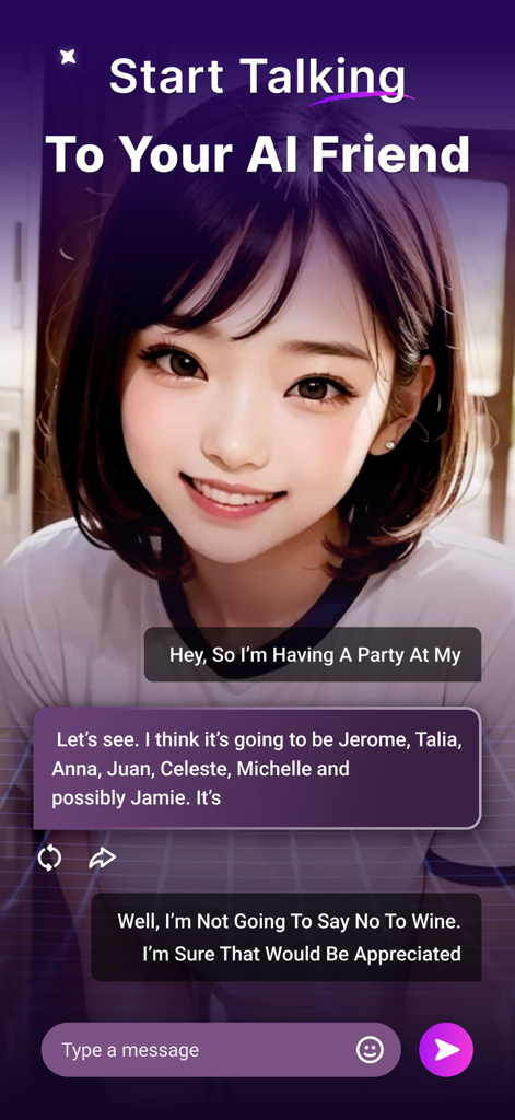 AI Girlfriend - Luvina - Interfaz de chat de Luvina AI Girlfriend con una compañera virtual de estilo anime y burbujas de conversación