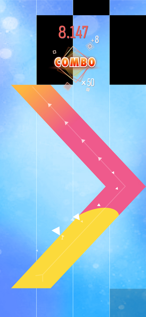 Piano Tiles 2 gameplay showing a colorful zigzag sliding tile and a high combo score on a blue background