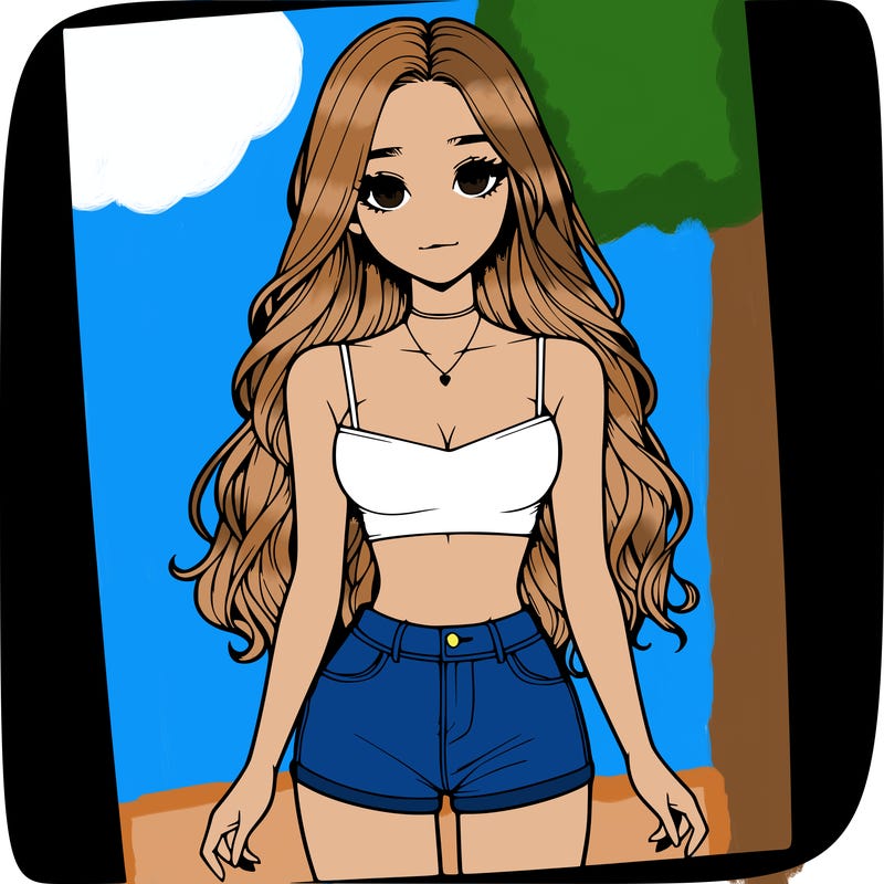 a realistic girl with long hair and in a crop top and shprts