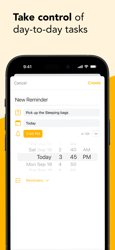 Agenda: Notes meets Calendar - Smartphone screen of Agenda app creating a new task reminder with time and date picker