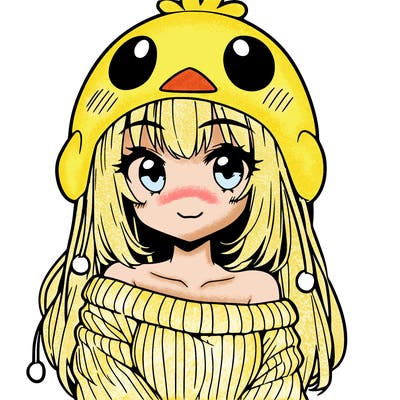 anime girl with chick shaped hat with sweater with bare shoulders with bangs covering them one eye with low tail