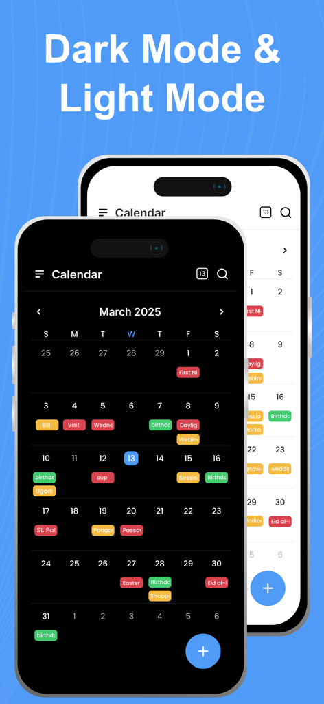 Week Calendar - Event Manager - Week Calendar app showing dark mode and light mode interface comparison with color coded events.