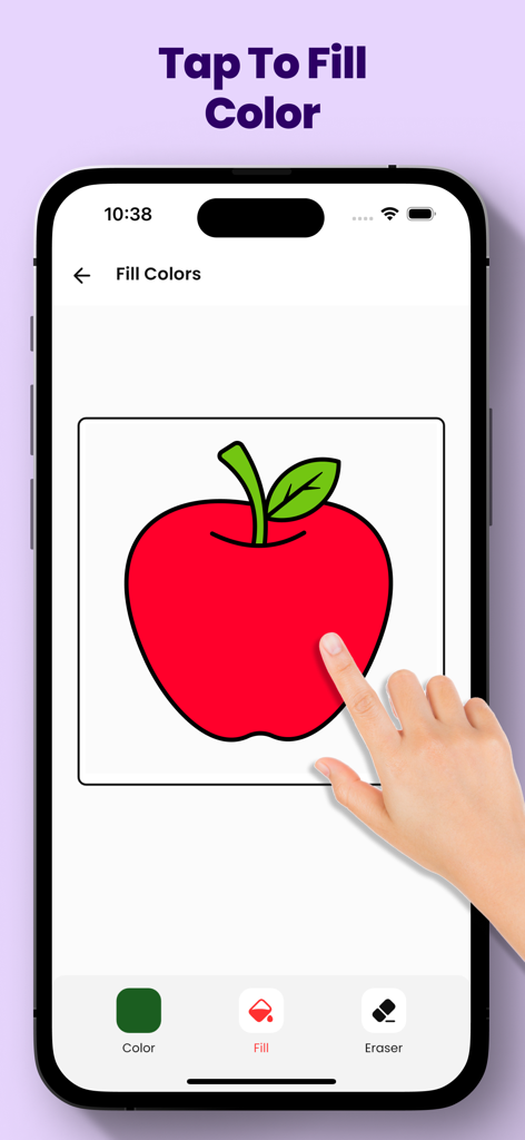 Página de colorear digital de una manzana siendo rellenada con color rojo usando la función de toque para rellenar en la aplicación AR Drawing