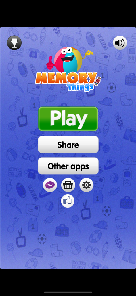 Pantalla del menú principal de la aplicación Juegos de Memoria Cosas y Juguetes con un botón de Jugar y personajes coloridos