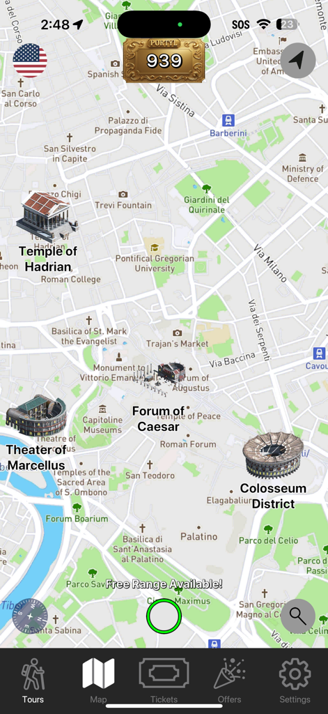Mappa interattiva di Roma nell'app Portyl che mostra siti storici per la ricostruzione XR come il Colosseo e il Tempio di Adriano.