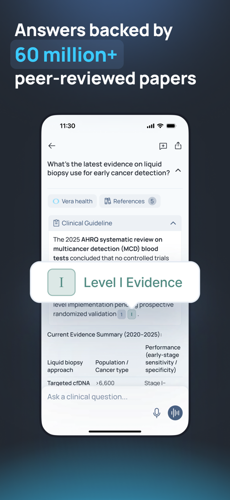 Vera—Medical AI for Clinicians - Screenshot of Vera medical AI app showing a clinical question about liquid biopsy for cancer detection with Level I evidence and citations.