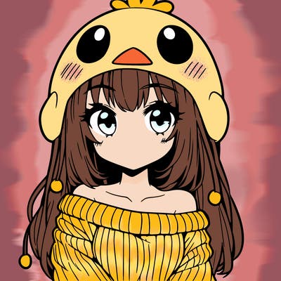 anime girl with chick shaped hat with sweater with bare shoulders with bangs covering them one eye with low tail