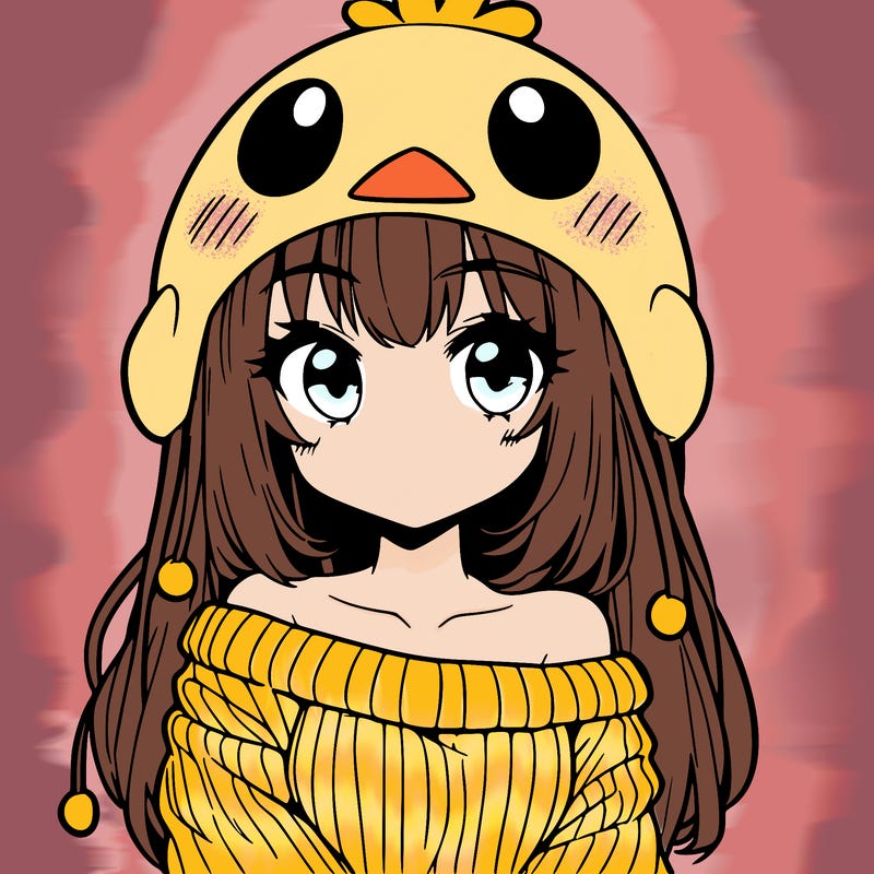 anime girl with chick shaped hat with sweater with bare shoulders with bangs covering them one eye with low tail